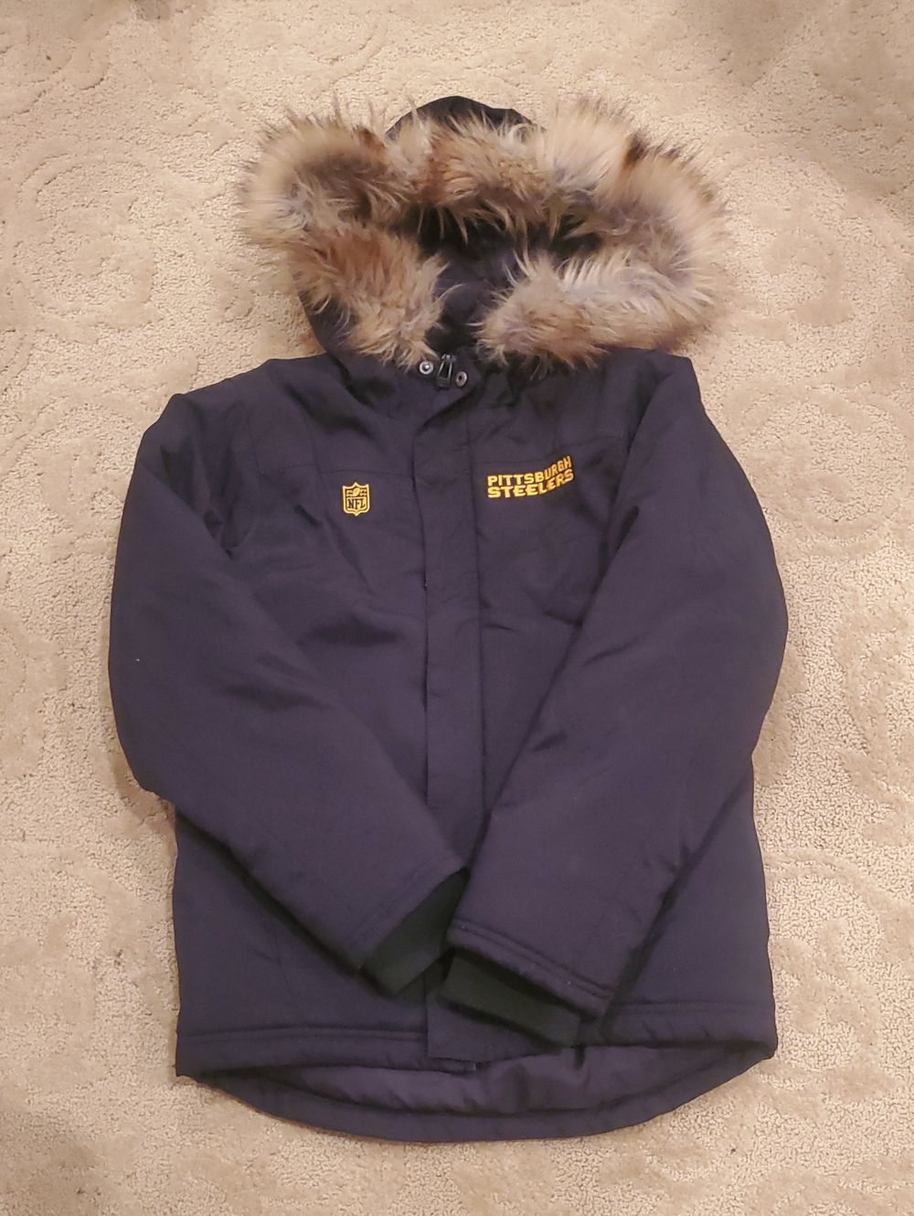 NFL Pittsburgh Steelers Kids Black Hooded Parka with Faux Fur Trim